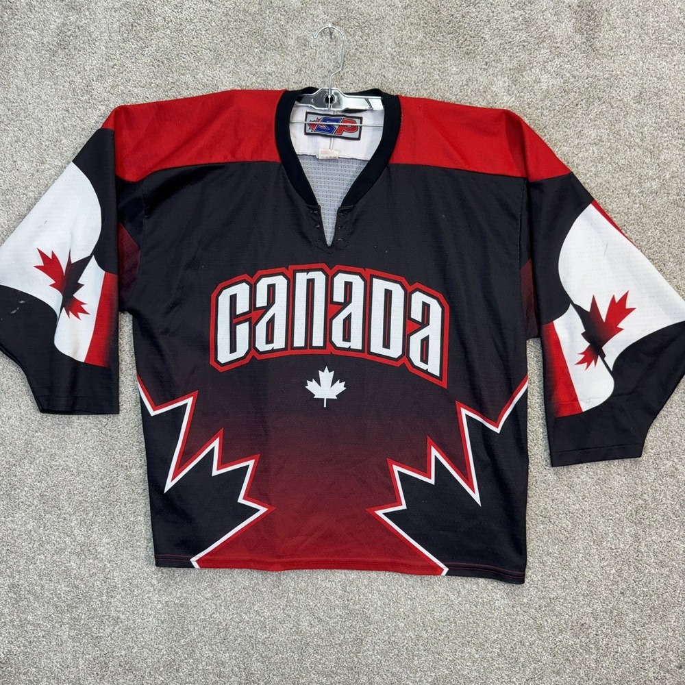 SP Apparel Hockey Jersey Mens XL Black Red Canada Maple Leaf Gradient V-Neck